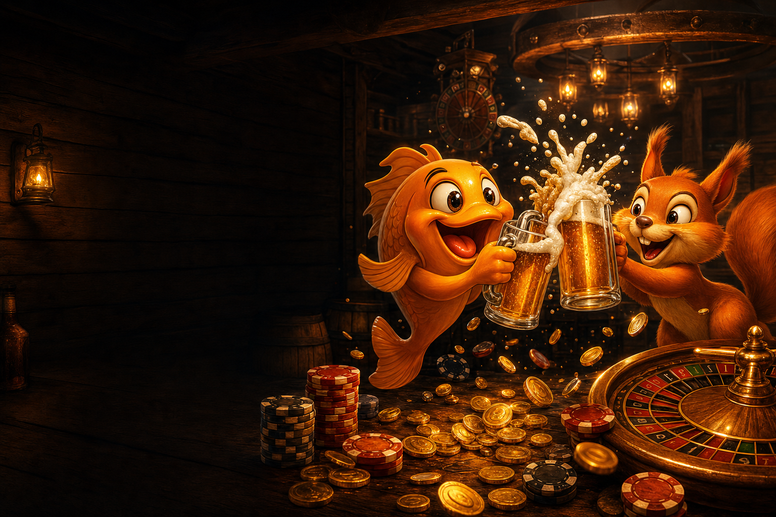 Рыбка и белка Pivo Casino чокаются пивными кружками у рулетки
